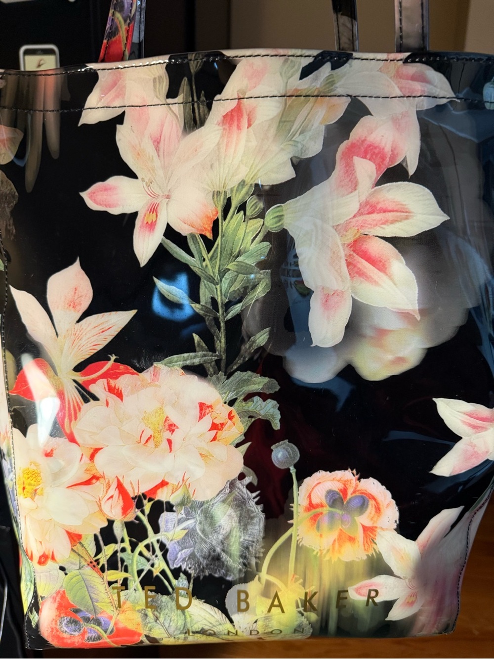 Ted Baker Black Floral Patent tote with Pink and Cream Blooms